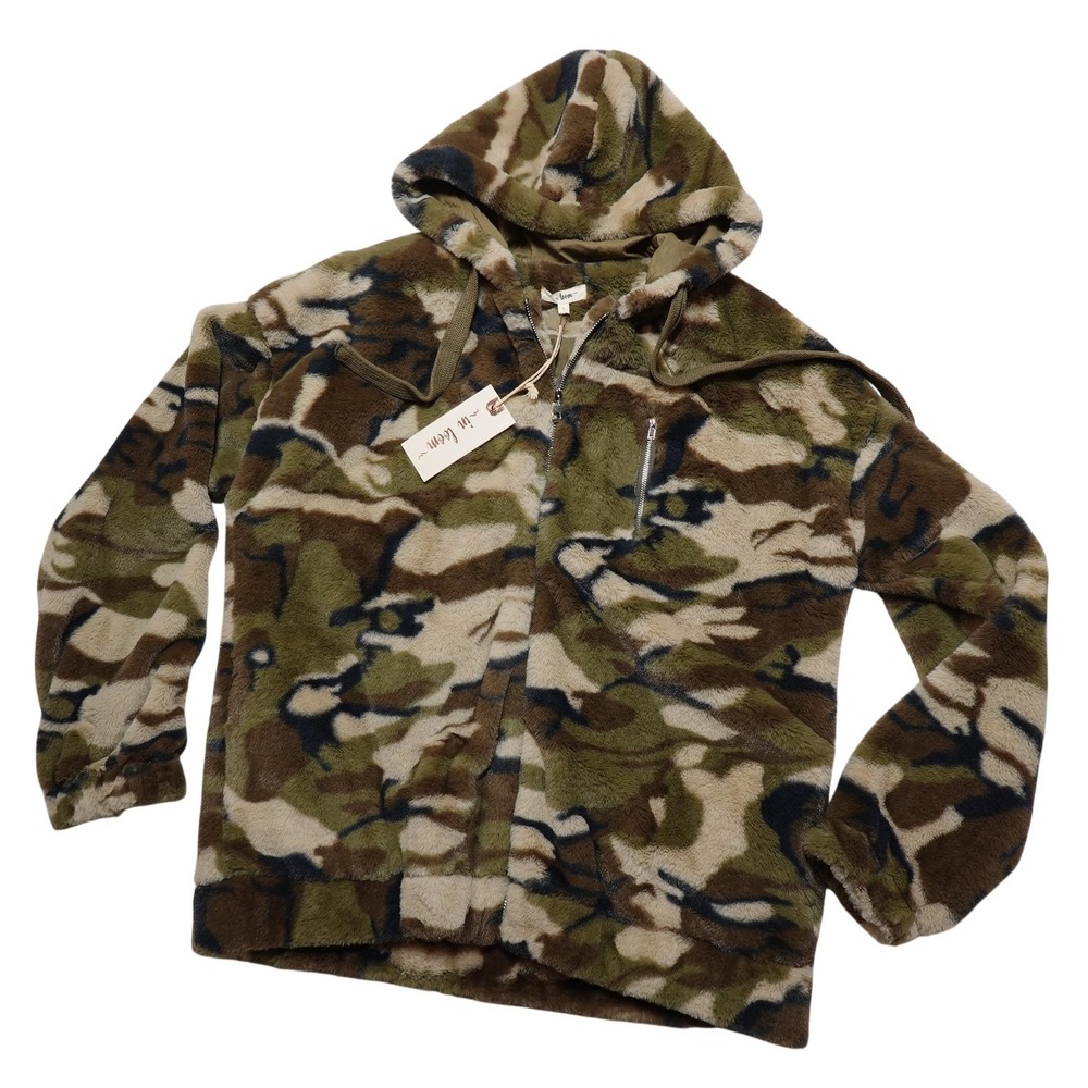 In Loom Jacket Womens Large Green Camo Teddy Fleece Hooded Zip Pockets IL2203